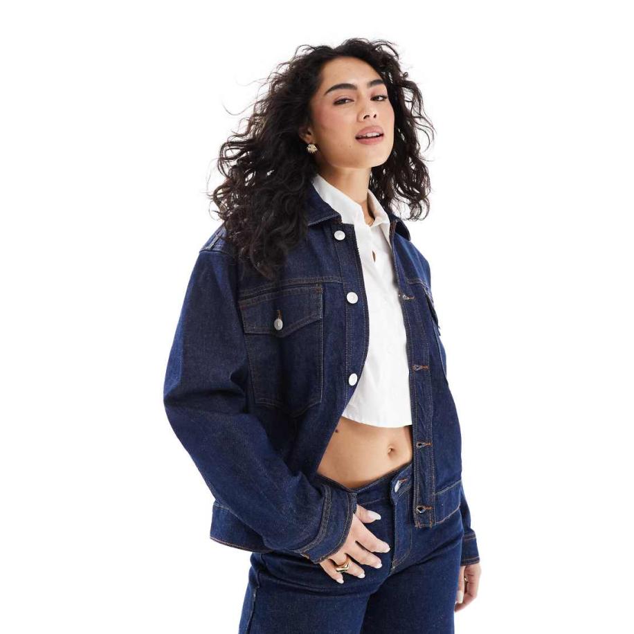 Pieces Truckerjack in donkerblauw denim, deel van co-ord set Blauw