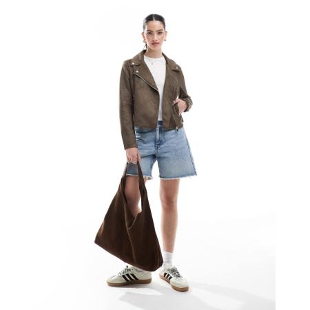 Vero Moda Bikerjack van imitatieleer met verwassen effect in chocoladebruin