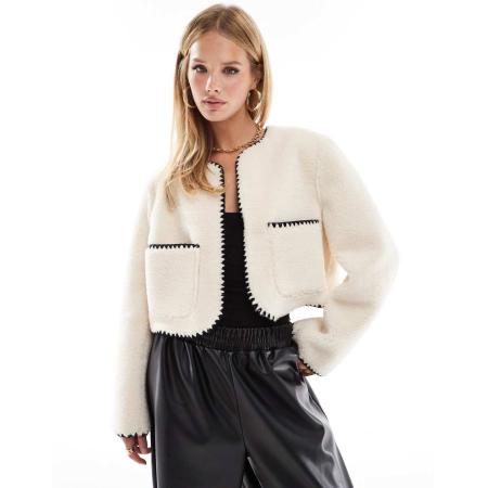 ASOS DESIGN Kraagloos jack met contrasterend stiksel in crème-Wit