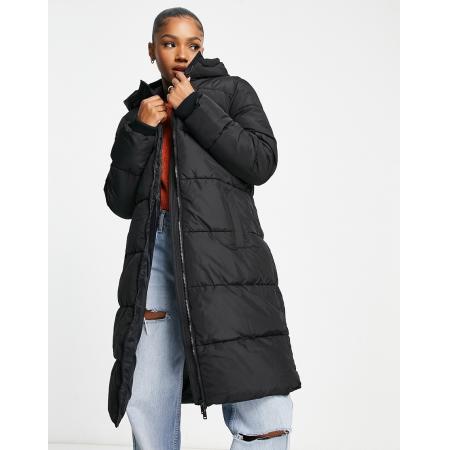 Pieces Gewatteerde jas met capuchon en lange pasvorm in zwart