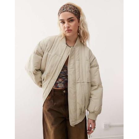 COLLUSION Oversized bomberjack met merknaam in ecru-Wit