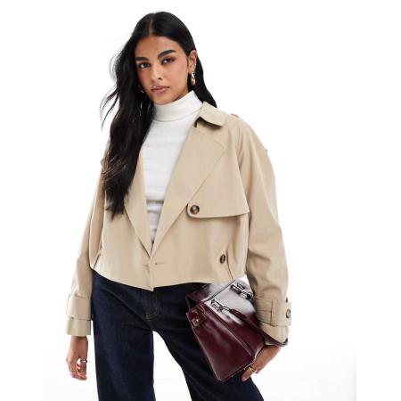 ASOS DESIGN Cropped trenchcoat met pofzoom in stone-Neutraal
