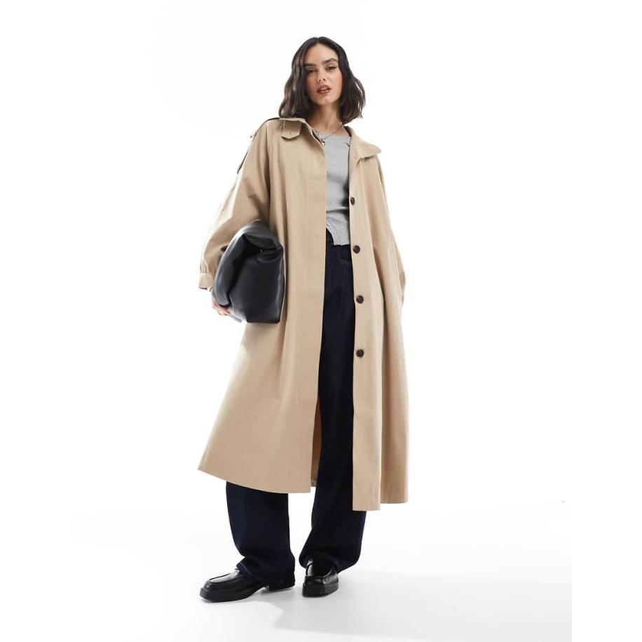 ASOS DESIGN Trenchcoat met opstaande boord en lange pasvorm in stone-Neutraal Multicolor