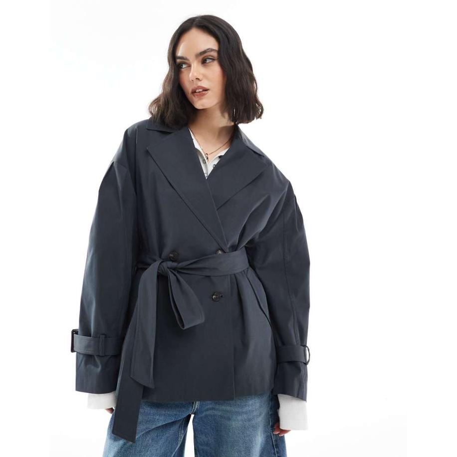 ASOS DESIGN Korte trenchcoat met riem in marineblauw Blauw