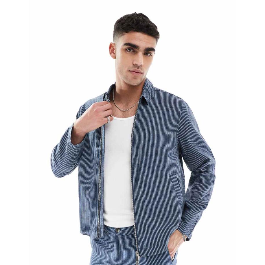 New Look - Gestreept Harrington jack met linnenlook in blauw, deel van co-ord set Blauw