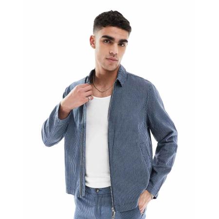 New Look - Gestreept Harrington jack met linnenlook in blauw, deel van co-ord set