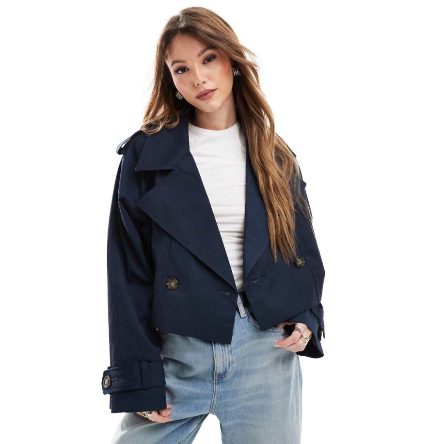 ASOS DESIGN Cropped trenchcoat van keperstof in marineblauw Blauw