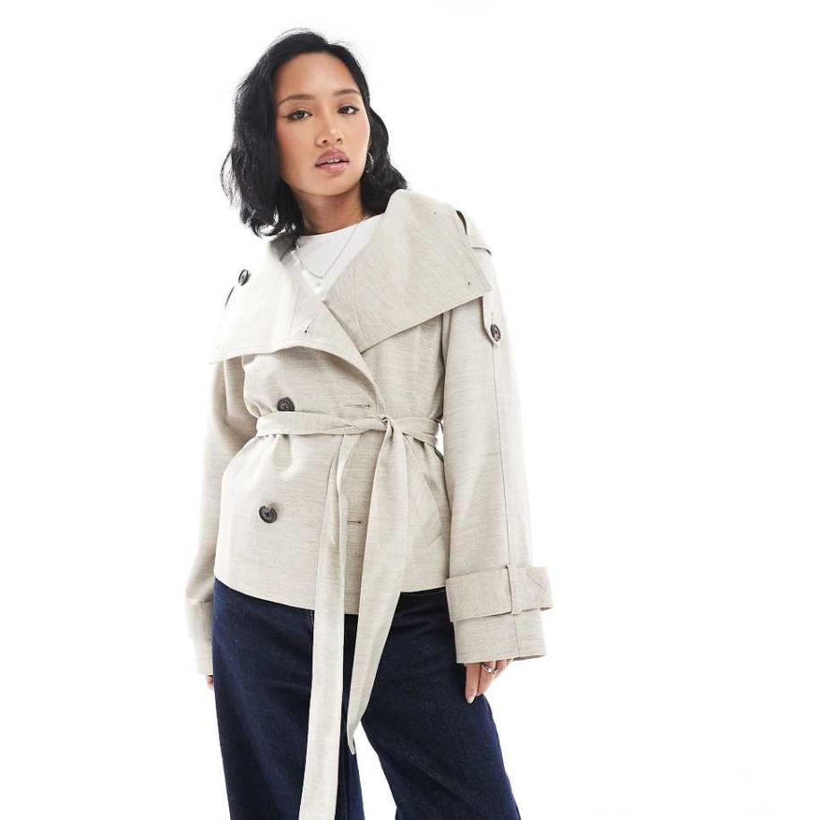 ASOS DESIGN Petite Korte linnen trenchcoat in stone-Neutraal Multicolor