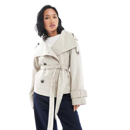 ASOS DESIGN Petite Korte linnen trenchcoat in stone-Neutraal