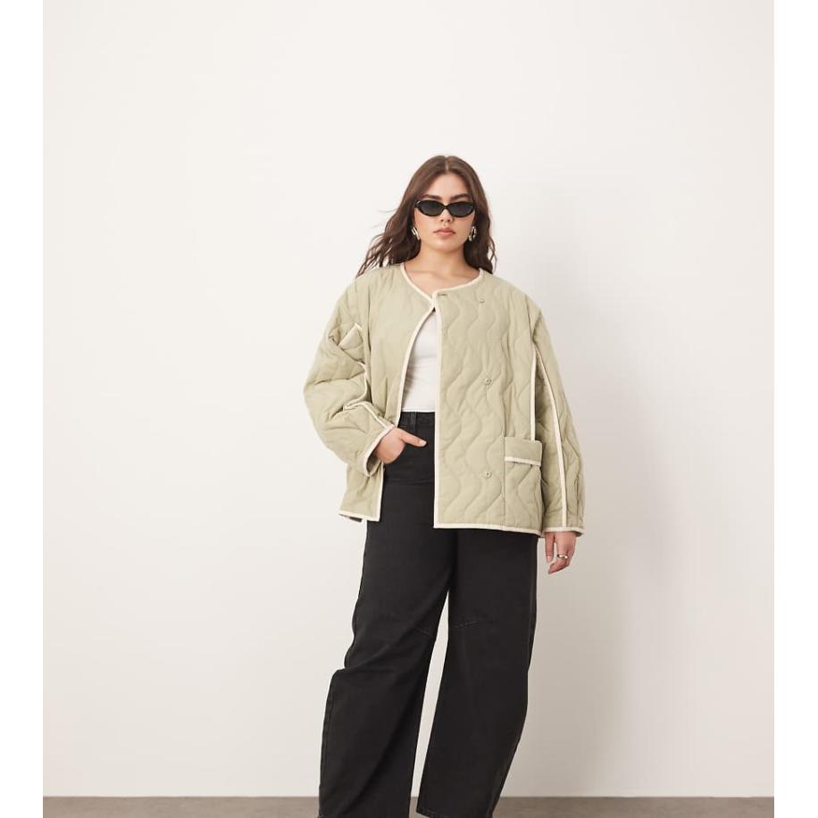 ARRANGE Curve Gewatteerd oversized jack met contrasterende bies in saliegroen Groen