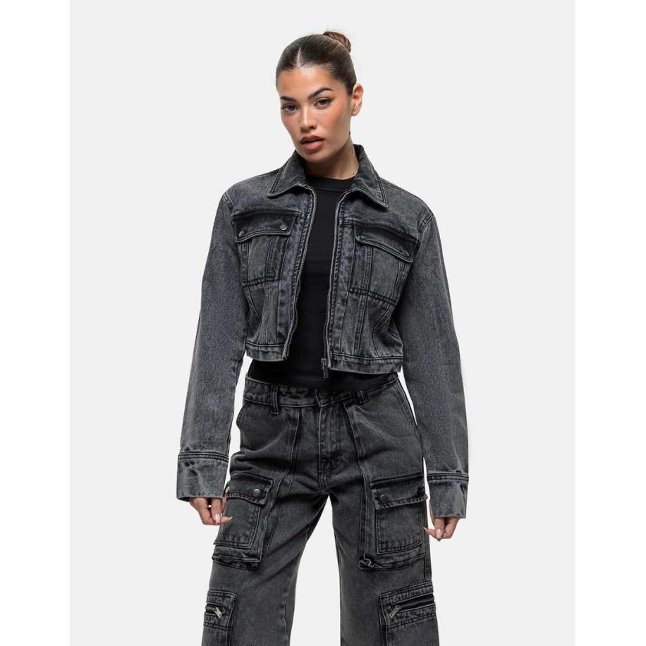 Good For Nothing Cropped denim jack in zwart met acid wash, deel van co-ord set Zwart