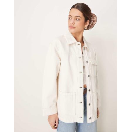 Abercrombie & Fitch Utility-shacket met leren kraag in beige-Wit