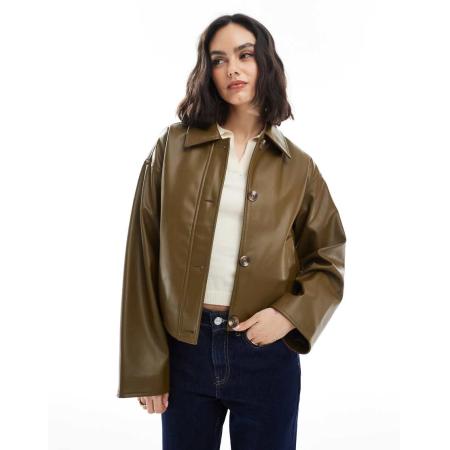 ASOS DESIGN Jack met leerlook en knoopsluiting in olijfgroen
