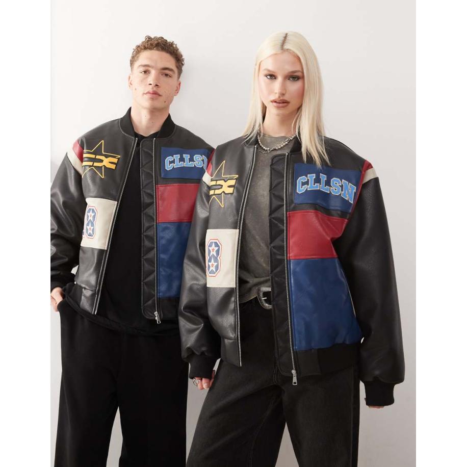 COLLUSION Uniseks leerlook bomber met patchwork in zwart Zwart
