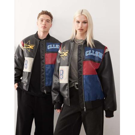 COLLUSION Uniseks leerlook bomber met patchwork in zwart