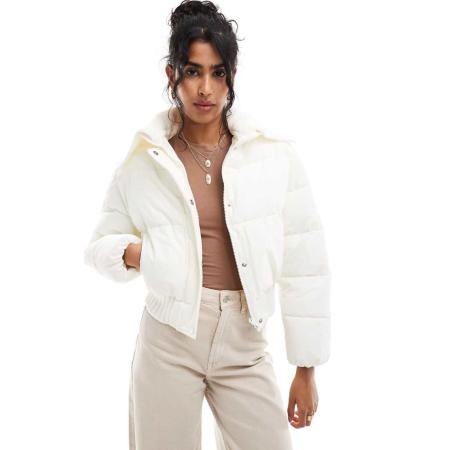 Cotton On Gewatteerd jack met gebreide kraag in kokosmelk-Wit