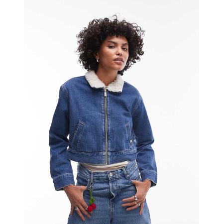 Calvin Klein Jeans Denim jack met sherpakraag en rits in mid-wash-Blauw