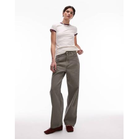 ARKET Amber Jeans met wijde ronde pijpen en naaddetail in kaki met wassing-Groen