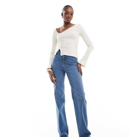 Dr Denim Tall Moxy Jeans met rechte pijpen in 'cape sky' wassing met versleten zoom-Blauw