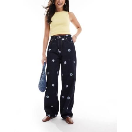 Dr Denim Donna Baggy boyfriend jeans met bloemenborduursel-Blauw