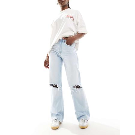 Stradivarius D92 Rechte jeans met scheuren in lichtblauw met wassing