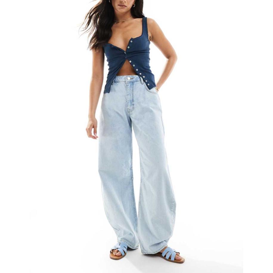 Miss Selfridge Jeans met wijde ronde pijpen en bleekwassing-Blauw Blauw
