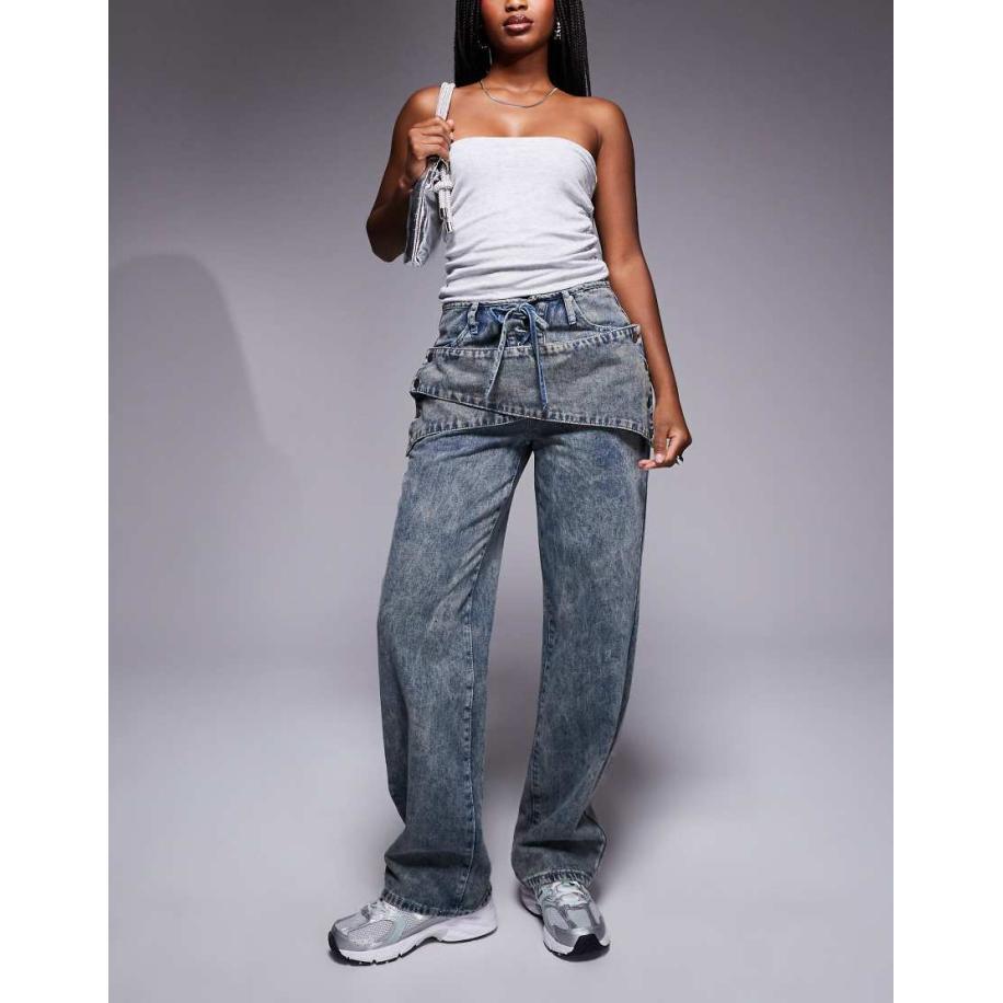 Liquor N Poker Baggy jeans met gestrikte voorkant en overslag in de taille in stone wash-Neutraal Multicolor