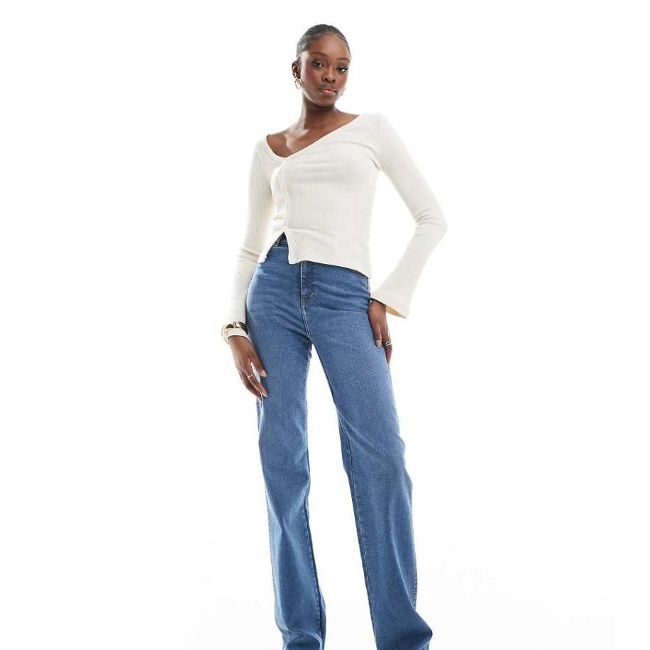 Dr Denim Tall Moxy Jeans met rechte pijpen in 'cape sky' wassing met versleten zoom-Blauw Blauw