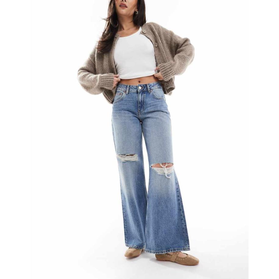 Dr Denim Rhue Flared jeans met wijde pijpen, lage taille en scheuren in stream sky fade wash-Blauw Blauw