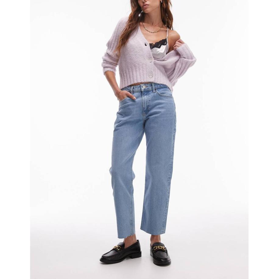 Topshop Rechte cropped jeans met halfhoge taille en onafgewerkte zoom in bleekwassing-Blauw Blauw