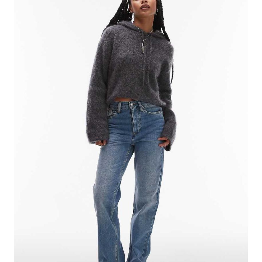 Topshop Petite Kort Jeans met hoge taille in middenblauw Blauw