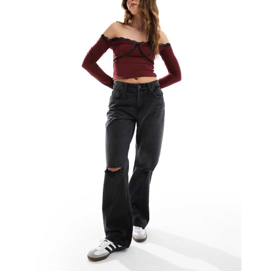 Bershka Jeans met wijde pijpen en kniescheuren in zwart Zwart