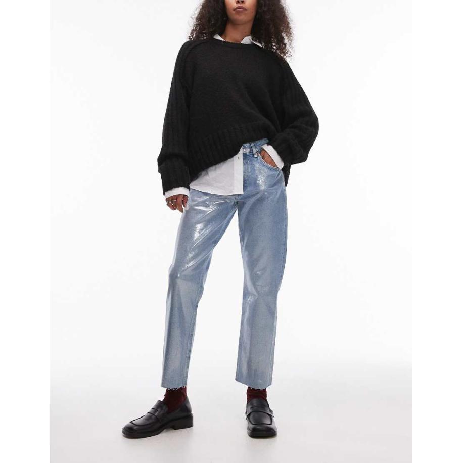 Topshop Cropped rechte jeans met halfhoge taille en zilverfolie in bleek-Blauw Blauw