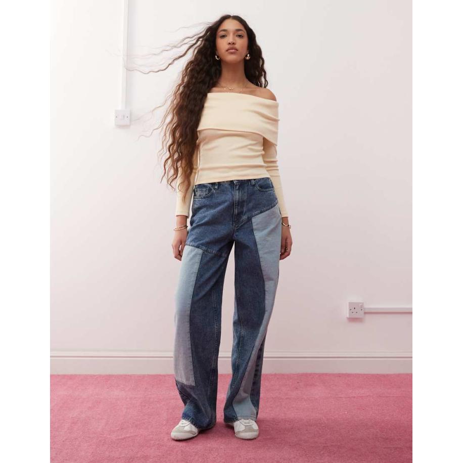 Miss Selfridge Baggy denim jeans met patchworkdetails en wassing in blauw Blauw