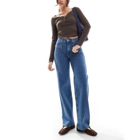 ONLY Juicy Jeans met wijde pijpen, hoge taille en zakdetail in mid-wash blauw