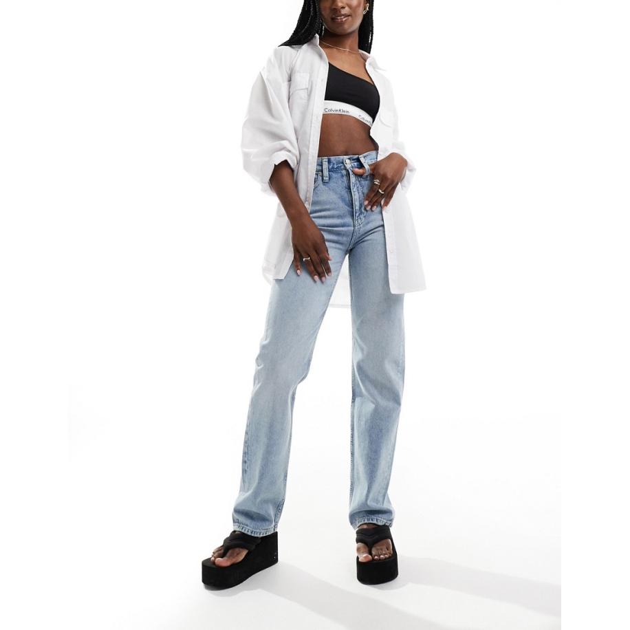 Calvin Klein Jeans Rechte jeans met hoge taille in lichte wassing-Blauw Blauw