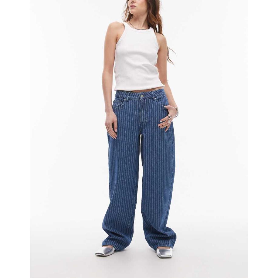 Topshop Ruimvallende gestreepte jeans met lage taille en riempje achter in blauw Blauw