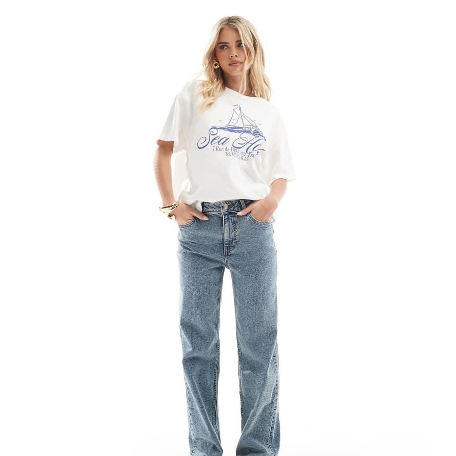 Miss Selfridge Petite Jeans met rechte pijpen en hartvormige zakken in dirty wassing-Blauw Blauw