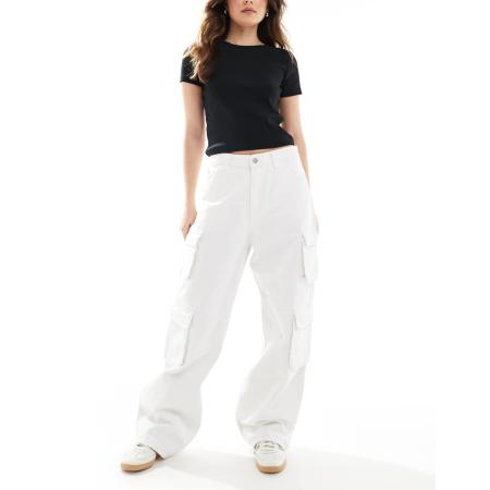 Dr Denim Donna Ruimvallende wijde jeans met rechte pijpen en cargozakken in wit