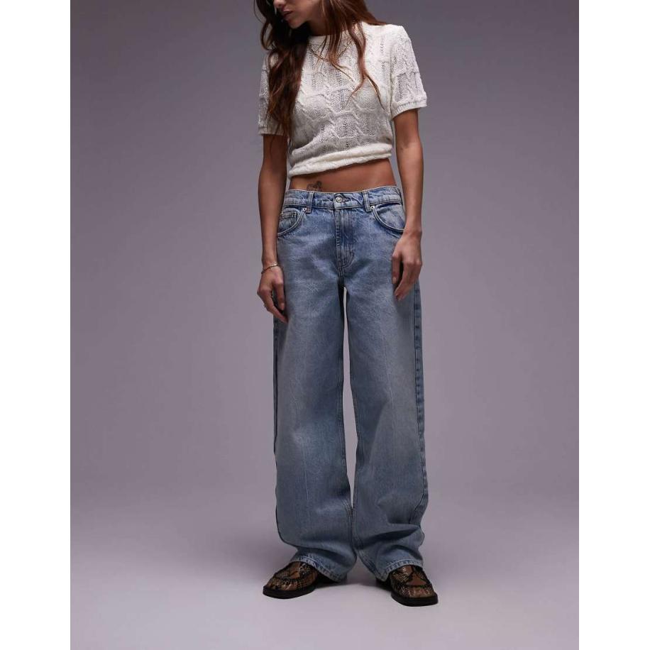 Topshop Jeans met lage taille en riempje in bleekwassing-Blauw Blauw