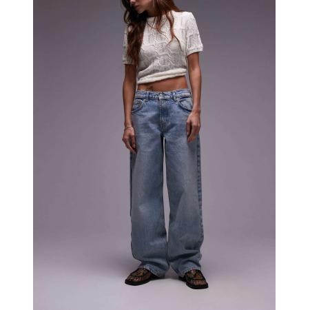 Topshop Jeans met lage taille en riempje in bleekwassing-Blauw