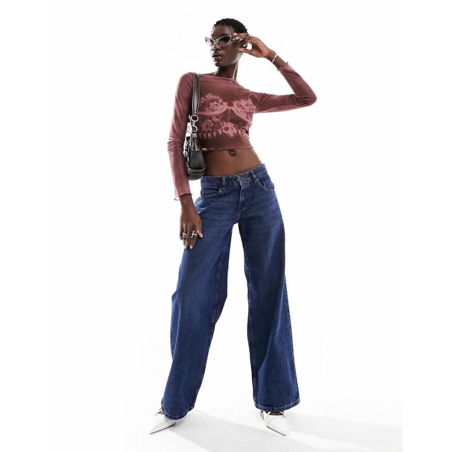 Motel Extra wijde jeans met lage taille en wassing in middenblauw Blauw