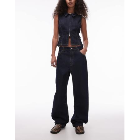 Topshop Jeans met halfhoge taille en wijde ronde pijpen in indigo wassing-Blauw