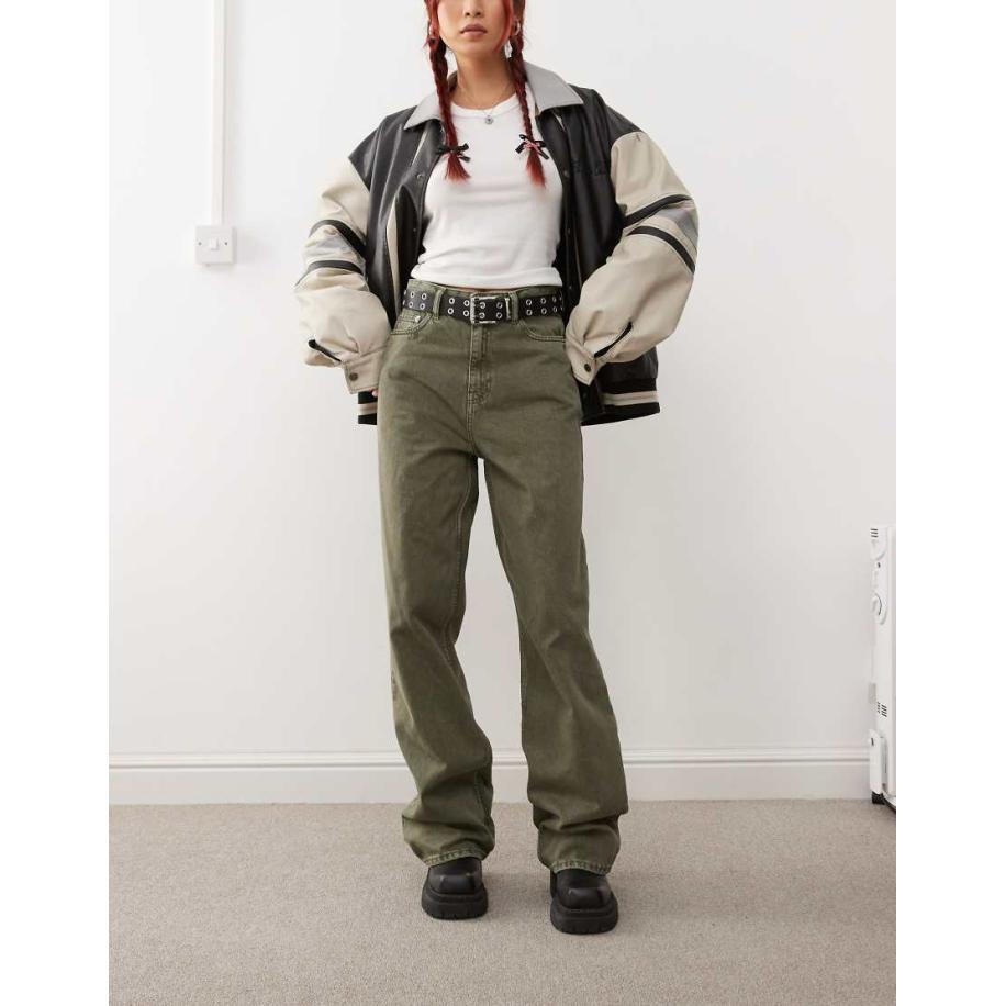 Dr. Denim Donna Jeans met rechte pijpen, hoge taille en ruimvallende pasvorm in olijfgroen met wassing Groen