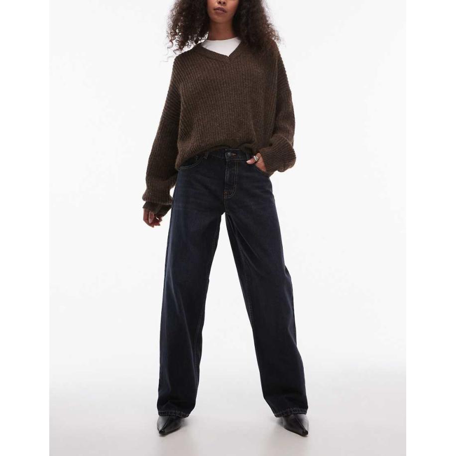 Topshop Ruimvallende jeans met lage taille en riempje in zwart-Marineblauw Blauw