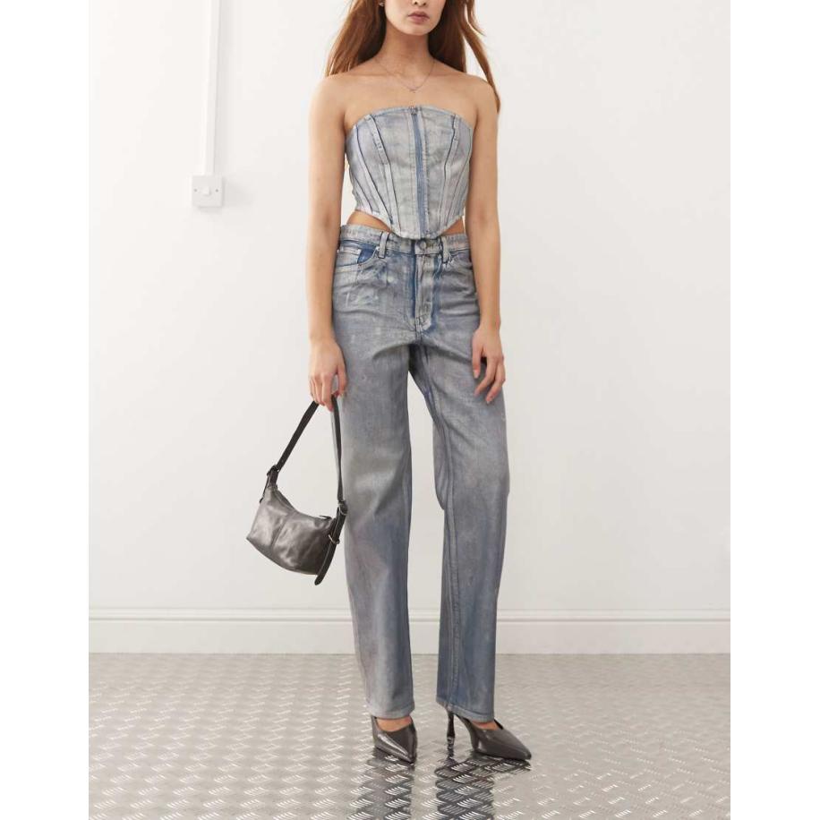 Monki Aimo Jeans met rechte pijpen in holografische wassing, deel van co-ord set-Blauw Blauw