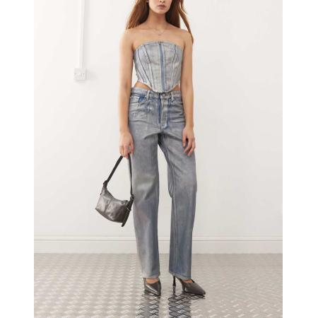 Monki Aimo Jeans met rechte pijpen in holografische wassing, deel van co-ord set-Blauw