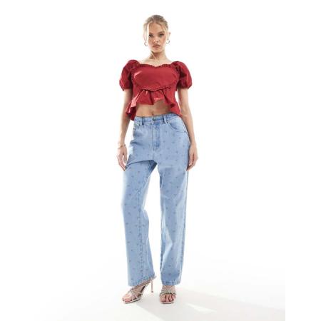 The Frolic Exclusives Jeans met rechte pijpen en strikjesprint in lichte wassing blauw, deel van co-ord set-Veelkleurig