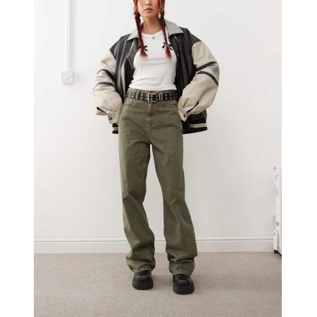 Dr. Denim Donna Jeans met rechte pijpen, hoge taille en ruimvallende pasvorm in olijfgroen met wassing