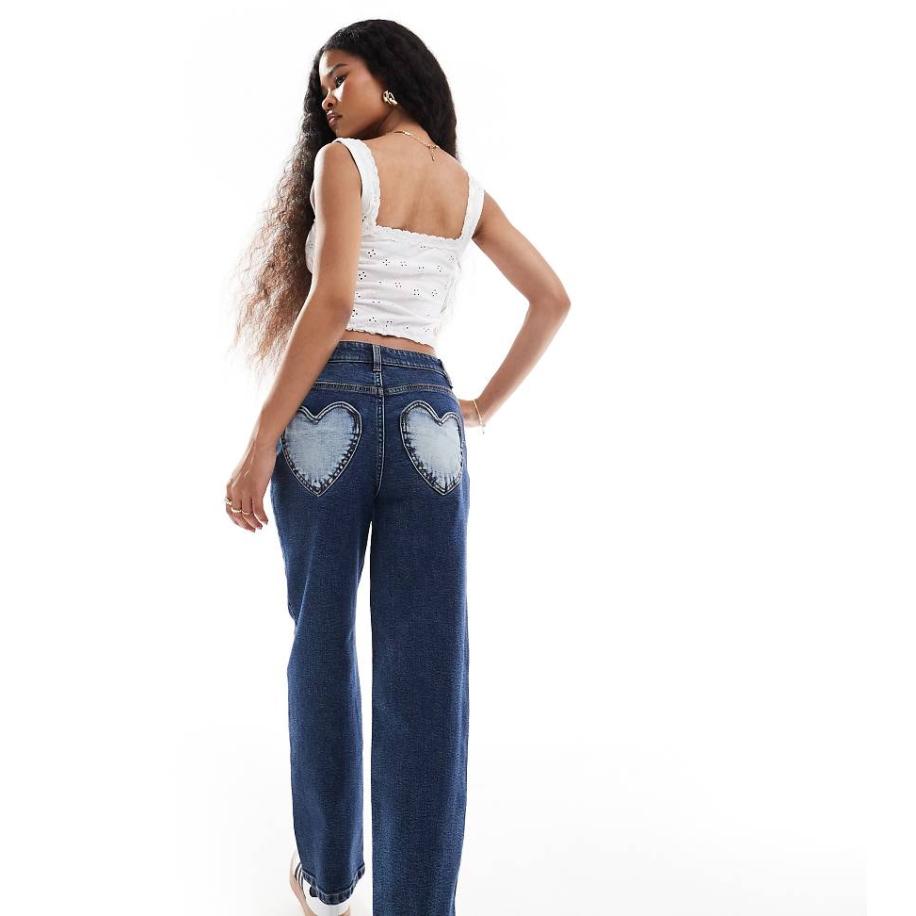 Miss Selfridge Petite Jeans met rechte pijpen en hartvormige zakken in indigo met wassing-Blauw Blauw